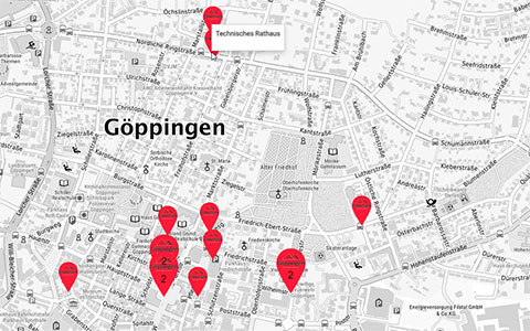 Dienststellen Ein Ausschnitt aus dem Geoportal Göppingen mit einzelnen Kennzeichnungen
