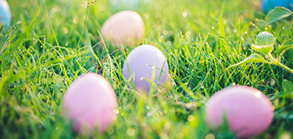 Bunt bemalte Osteieier liegen auf einer Wiese.