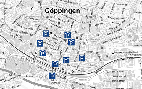 Parkhäuser Ein Ausschnitt aus dem Geoportal Göppingen mit einzelnen Kennzeichnungen