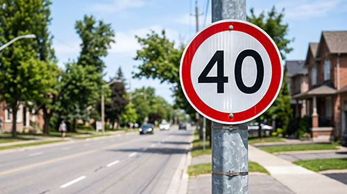 Ein Tempo 40-Schild vor unscharfem Hintergrund einer Straße mit Häusern am Rand.