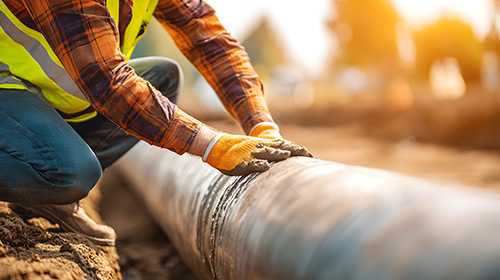 Ein Bauarbeiter inspiziert eine Wasserleitung