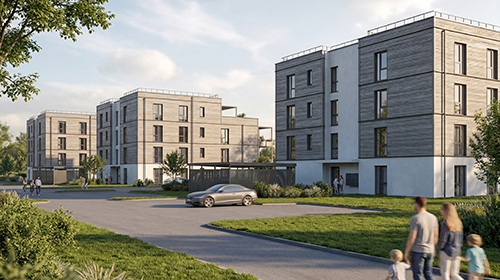 Visualisierung von drei Wohnblöcken